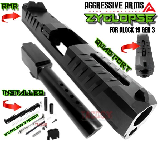 AGGRESSIVE ARMS ZYCLOPSE CENTRAL QUAD PORT SLIDE AND BARREL COMPLETE WITH PARTS INSTALLED FOR GLOCK 19 GEN 3 - BLACK VAPOR