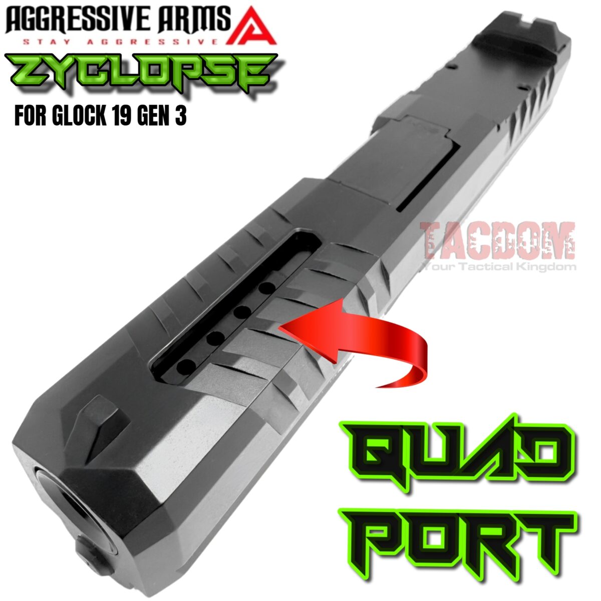 AGGRESSIVE ARMS ZYCLOPSE CENTRAL QUAD PORT SLIDE AND BARREL COMPLETE WITH PARTS INSTALLED FOR GLOCK 19 GEN 3 - BLACK VAPOR - Image 7