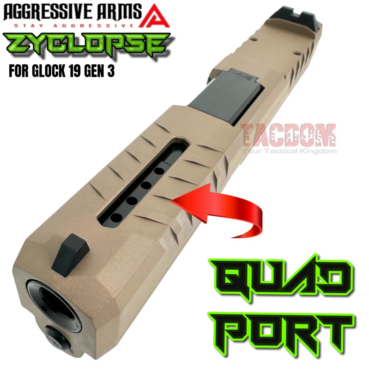 AGGRESSIVE ARMS ZYCLOPSE CENTRAL QUAD PORT SLIDE AND BARREL COMPLETE WITH PARTS INSTALLED FOR GLOCK 19 GEN 3 - FDE VAPOR - Image 4