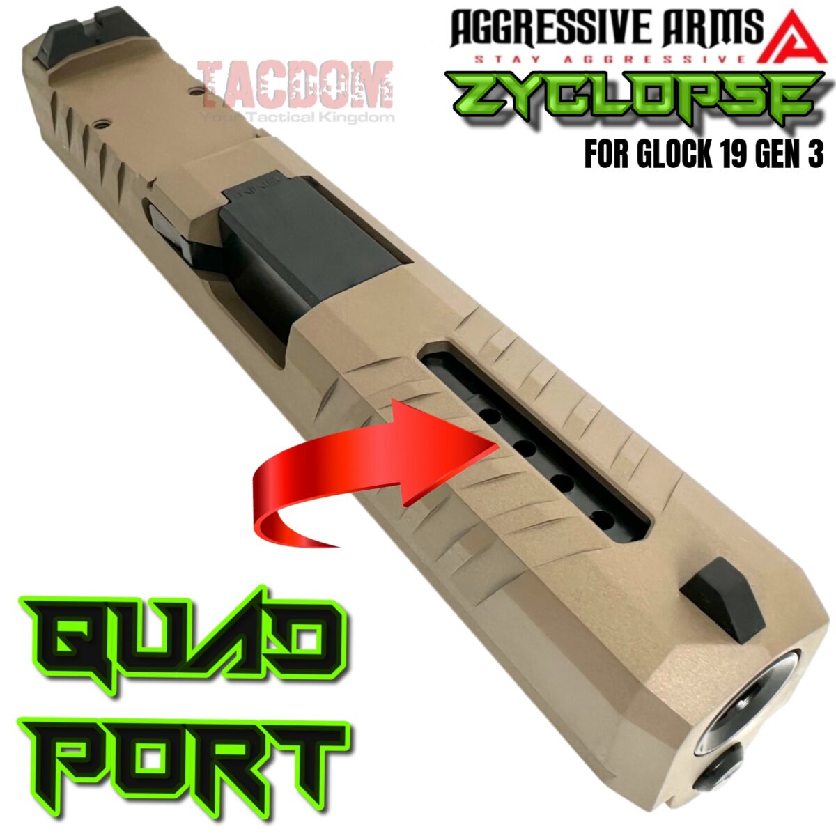AGGRESSIVE ARMS ZYCLOPSE CENTRAL QUAD PORT SLIDE AND BARREL COMPLETE WITH PARTS INSTALLED FOR GLOCK 19 GEN 3 - FDE VAPOR - Image 6