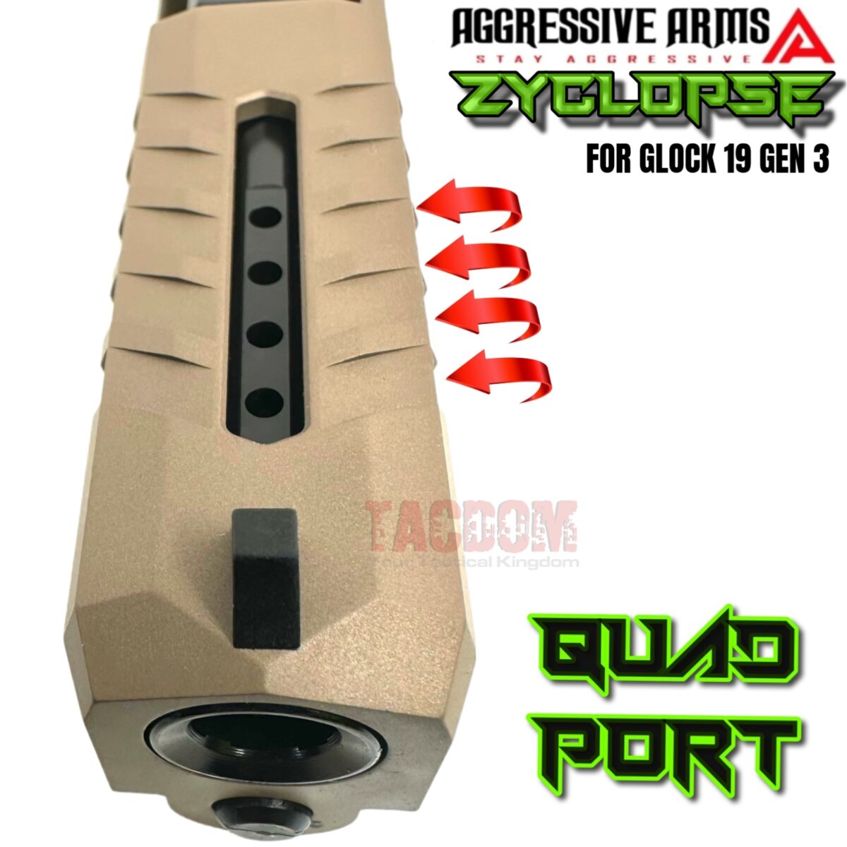 AGGRESSIVE ARMS ZYCLOPSE CENTRAL QUAD PORT SLIDE AND BARREL COMPLETE WITH PARTS INSTALLED FOR GLOCK 19 GEN 3 - FDE VAPOR - Image 2