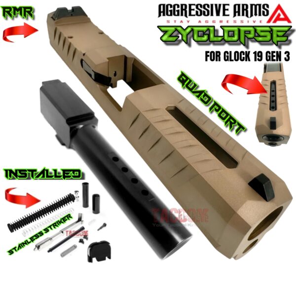 AGGRESSIVE ARMS ZYCLOPSE CENTRAL QUAD PORT SLIDE AND BARREL COMPLETE WITH PARTS INSTALLED FOR GLOCK 19 GEN 3 - FDE VAPOR