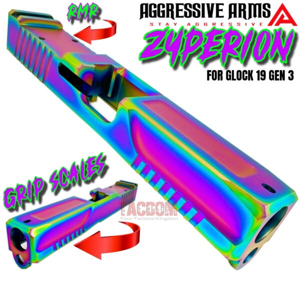AGGRESSIVE ARMS SLIDE ZYPERION RAINBOW For GLOCK 19 GEN 3 - RMR OPTIC CUT - 416R STAINLESS - SCALE GRIP