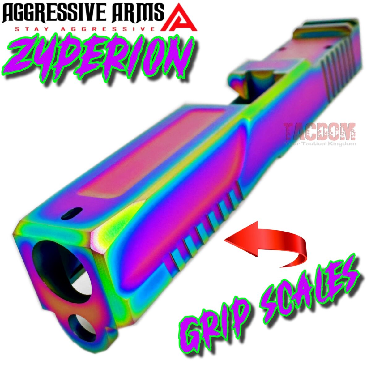 AGGRESSIVE ARMS SLIDE ZYPERION RAINBOW For GLOCK 19 GEN 3 - RMR OPTIC CUT - 416R STAINLESS - SCALE GRIP - Image 2