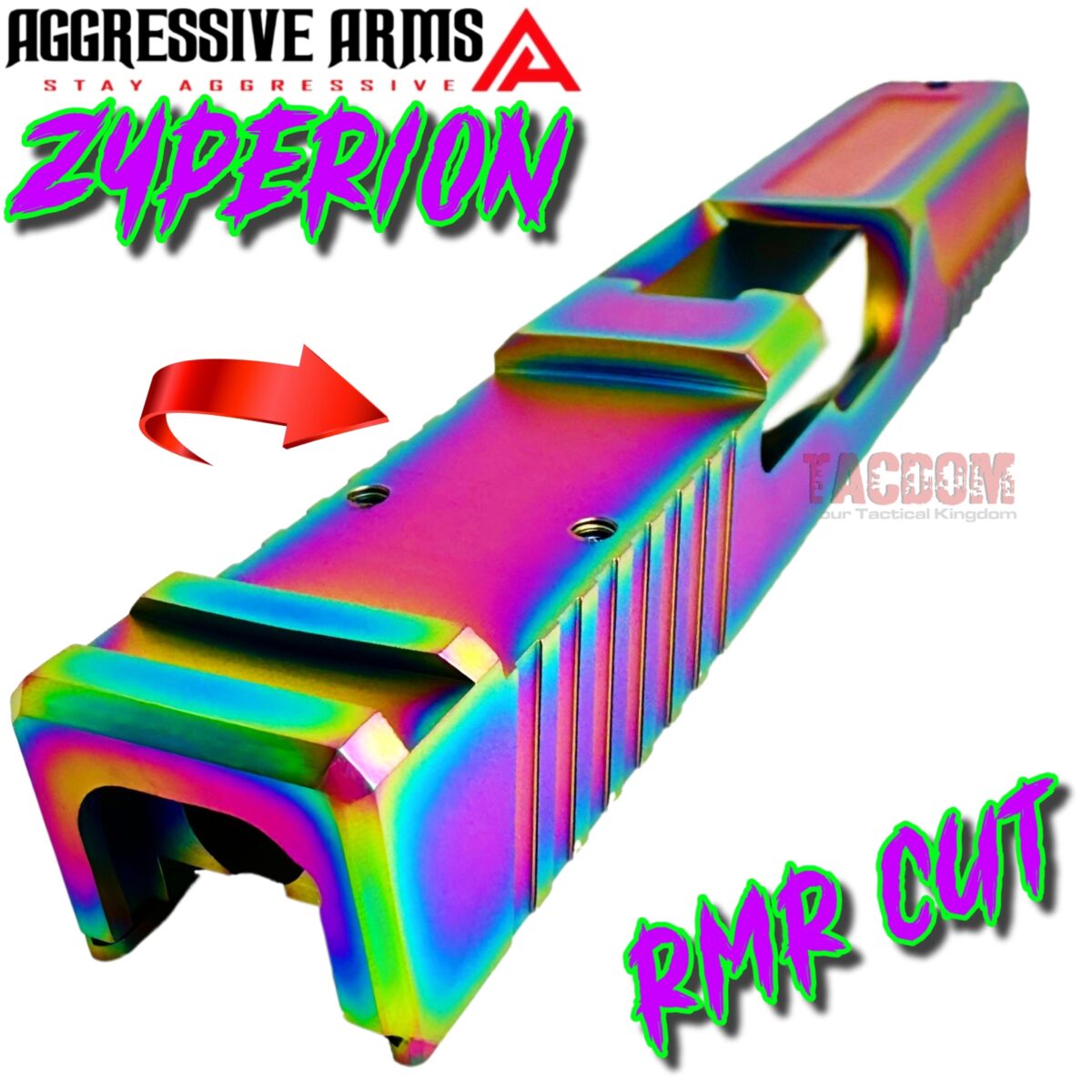 AGGRESSIVE ARMS SLIDE ZYPERION RAINBOW For GLOCK 19 GEN 3 - RMR OPTIC CUT - 416R STAINLESS - SCALE GRIP - Image 3