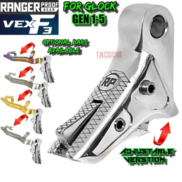 RANGER PROOF / JOHNNY GLOCK COLLABORATION VEX F3 POLISHED ALUMINUM "CHROME LIKE" ADJUSTABLE VERSION TRIGGER for GLOCK GEN 1 2 3 4 5 - 17 19 19X 20 21 22 23 24 26 27 31 32 33 34 35 37 36 38 39 43 43x 45 48