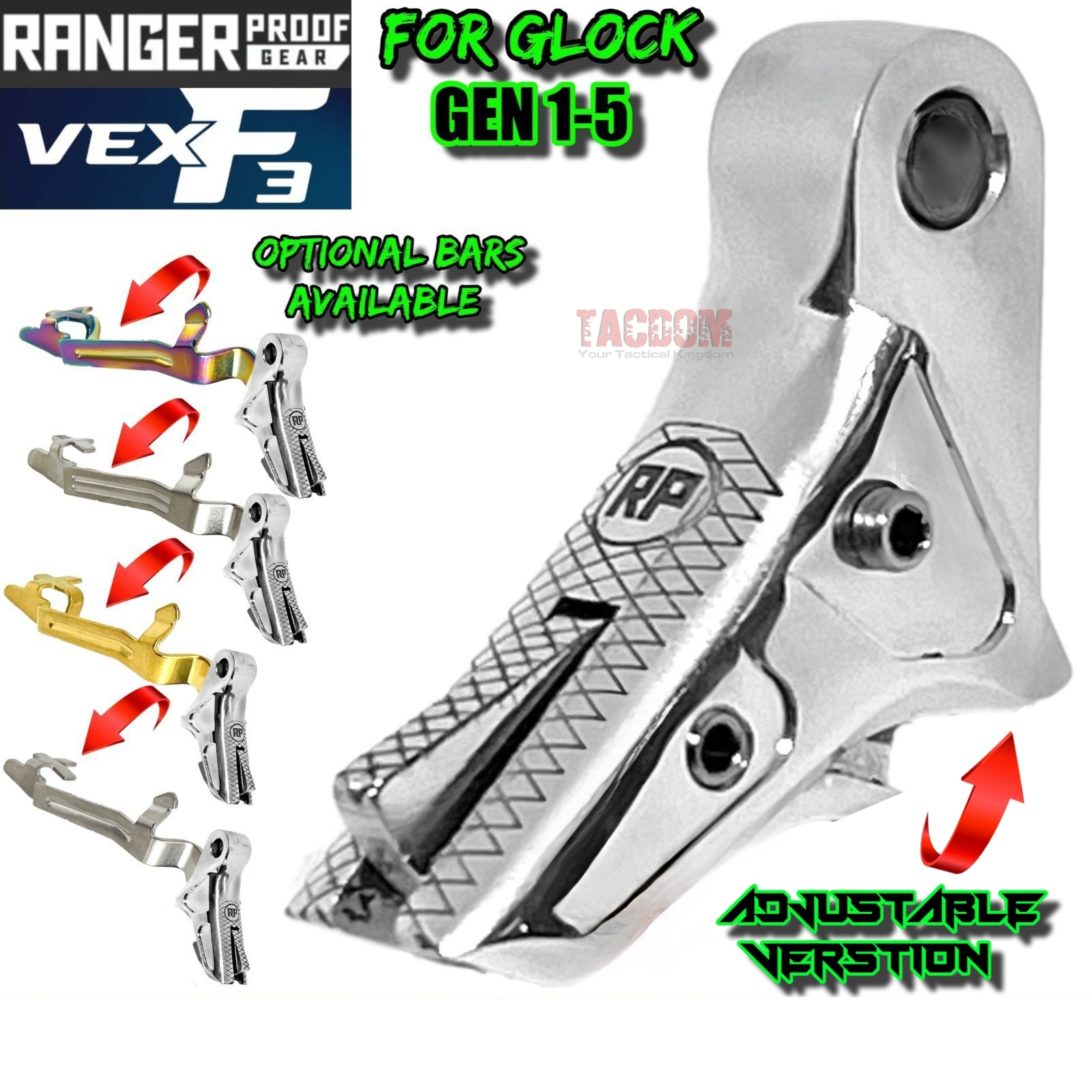 chadj1web RANGER PROOF / JOHNNY GLOCK COLLABORATION VEX F3 POLISHED ALUMINUM "CHROME LIKE" ADJUSTABLE VERSION TRIGGER for GLOCK GEN 1 2 3 4 5 - 17 19 19X 20 21 22 23 24 26 27 31 32 33 34 35 37 36 38 39 43 43x 45 48 - Image 1
