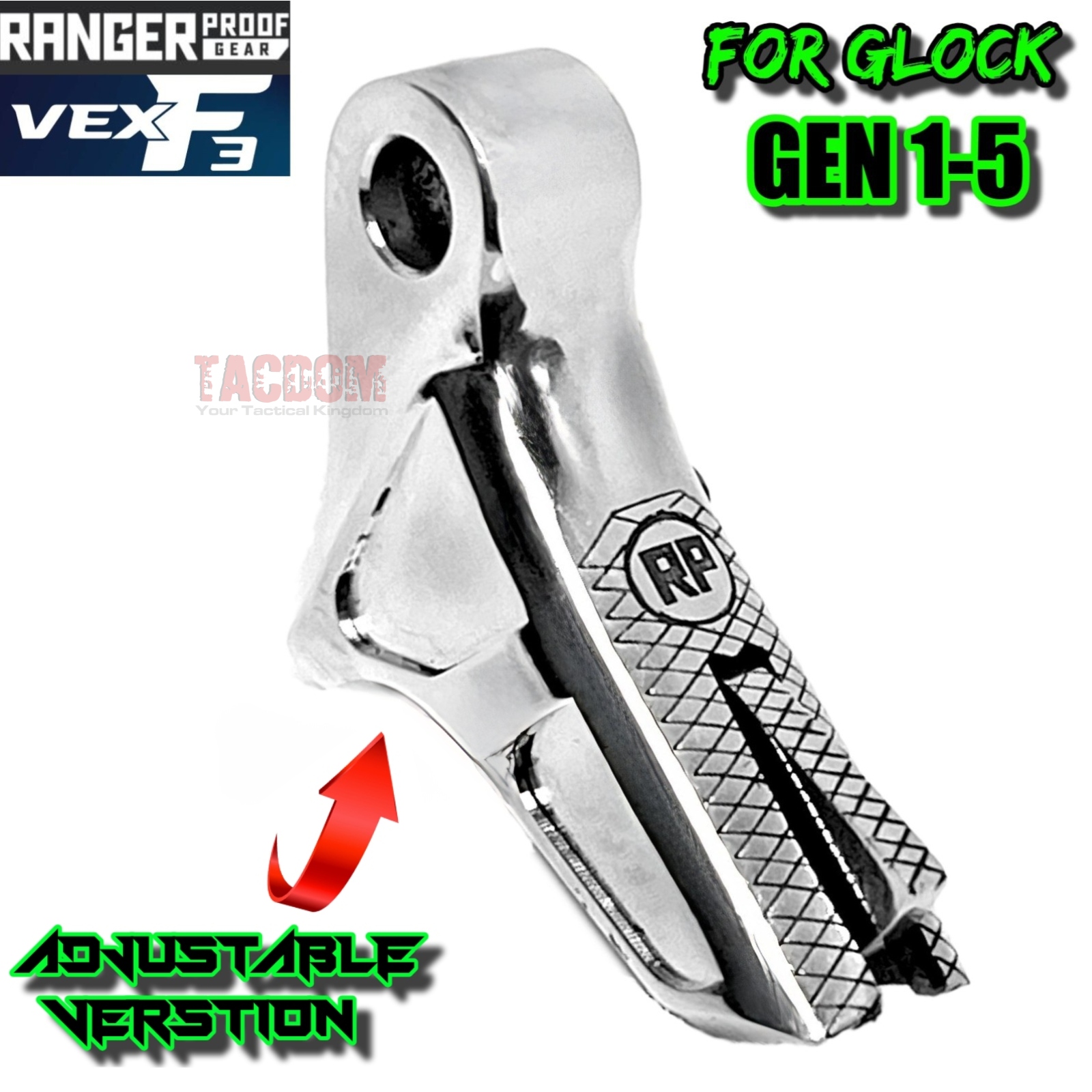 chadj1web2 RANGER PROOF / JOHNNY GLOCK COLLABORATION VEX F3 POLISHED ALUMINUM "CHROME LIKE" ADJUSTABLE VERSION TRIGGER for GLOCK GEN 1 2 3 4 5 - 17 19 19X 20 21 22 23 24 26 27 31 32 33 34 35 37 36 38 39 43 43x 45 48 - Image 3