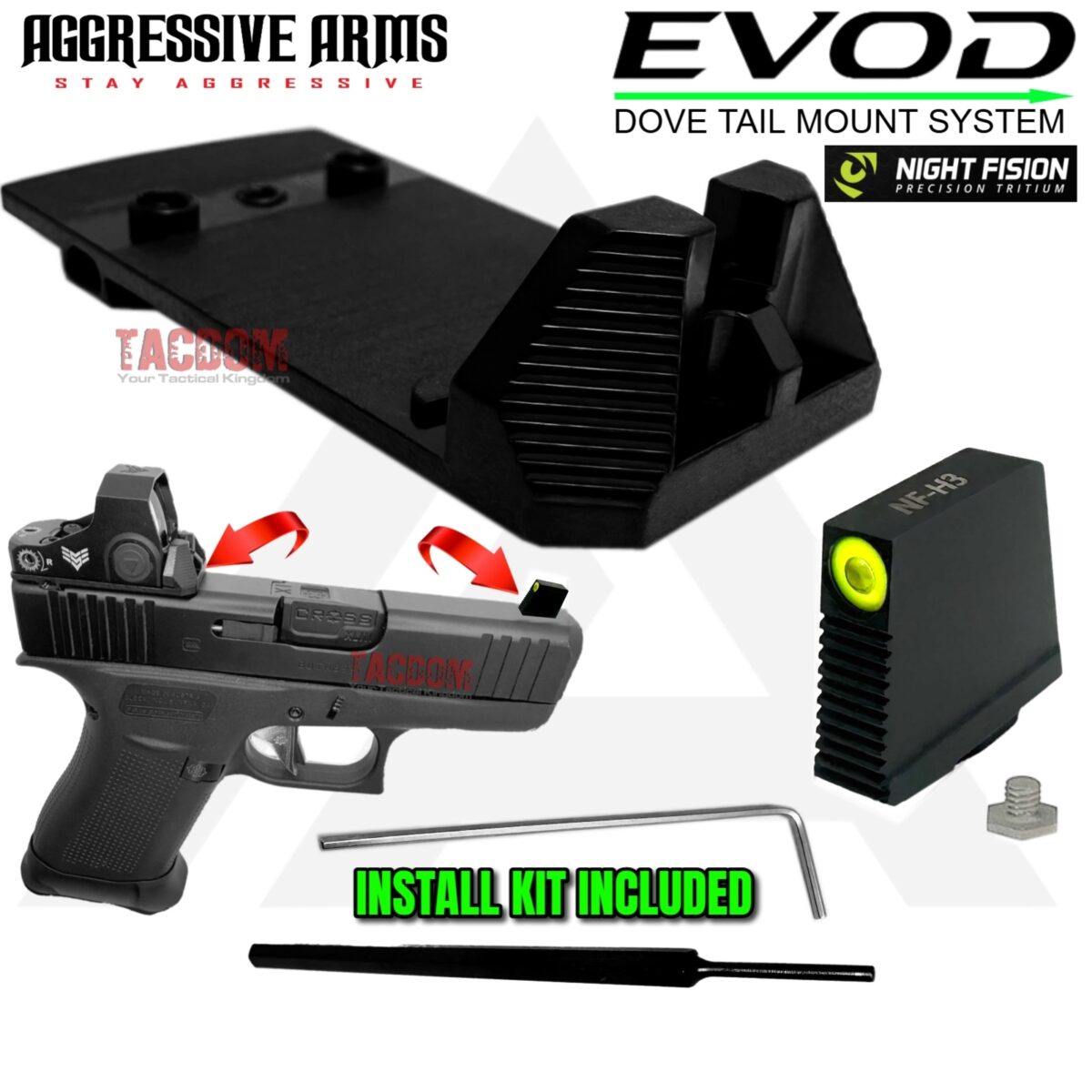 AGGRESSIVE ARMS EVOD DOVE MOUNT SYSTEM for Glock RMSc Slide Sight Adapter with Front NIGHT FISION TRITIUM SIGHT + INSTALLATION KIT INCLUDED - Image 1