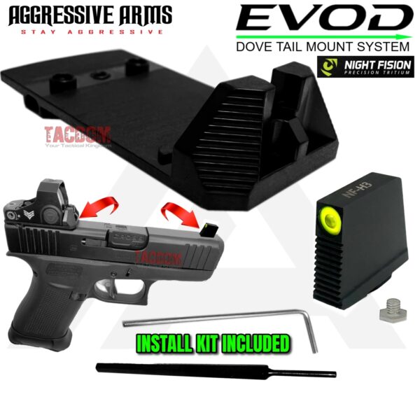 AGGRESSIVE ARMS EVOD DOVE MOUNT SYSTEM for Glock RMSc Slide Sight Adapter with Front NIGHT FISION TRITIUM SIGHT + INSTALLATION KIT INCLUDED