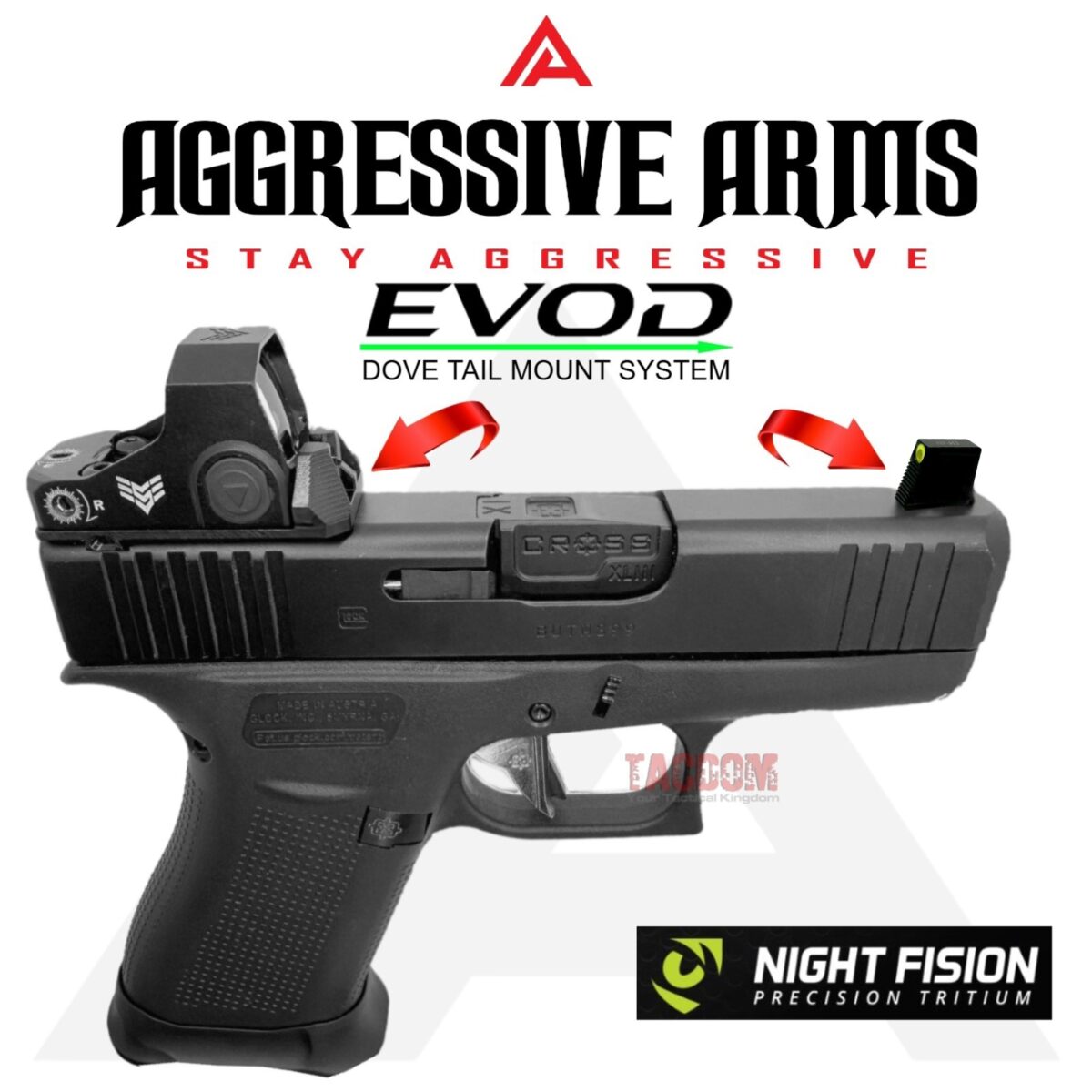 AGGRESSIVE ARMS EVOD DOVE MOUNT SYSTEM for Glock RMSc Slide Sight Adapter with Front NIGHT FISION TRITIUM SIGHT + INSTALLATION KIT INCLUDED - Image 2