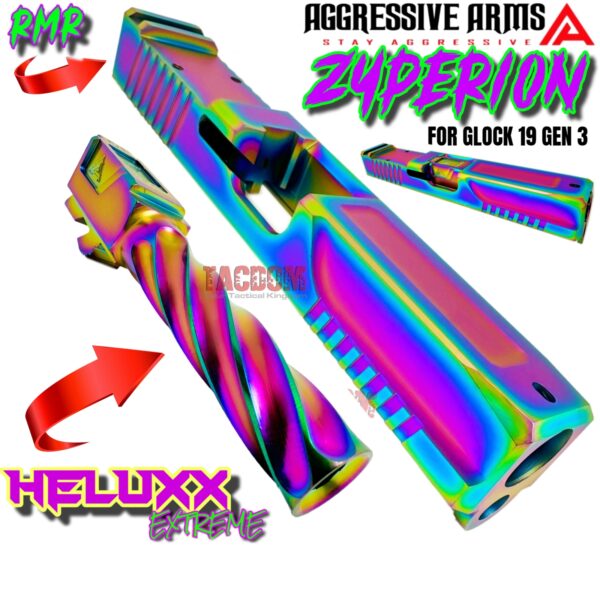 AGGRESSIVE ARMS ZYPERION SLIDE and HELUXX BARREL RAINBOW For GLOCK 19 GEN 3 - RMR OPTIC CUT - 416R STAINLESS - SCALE GRIP