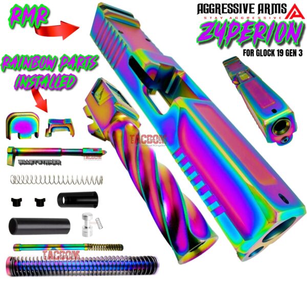AGGRESSIVE ARMS COMPLETE ZYPERION SLIDE +HELUXX BARREL RAINBOW+RAINBOW PARTS INSTALLED For GLOCK 19 GEN 3 - RMR OPTIC CUT - 416R STAINLESS - SCALE GRIP
