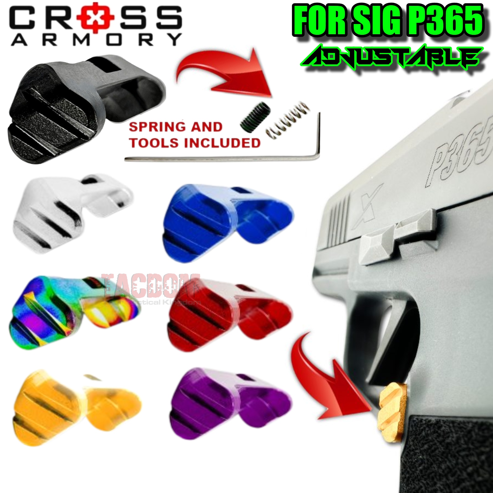 365CROSSMAG2 CROSS ARMORY EXTENDED ADJUSTABLE MAGAZINE CATCH SIG P365 w/ SPRING & SET SCREW / TOOL - Black Red Blue Purple Silver Gold & Rainbow - Image 1