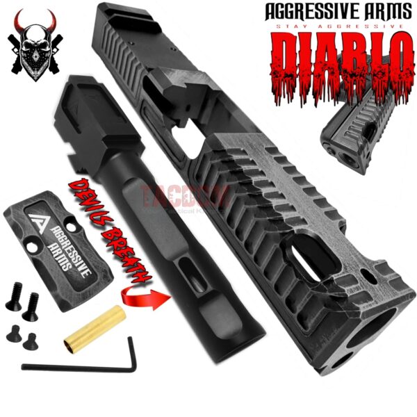AGGRESSIVE ARMS DIABLO BATTLEWORN GREY PORTED RMR Slide BARREL for GLOCK 19 GEN 3 COMPENSATED VAPOR PORTS
