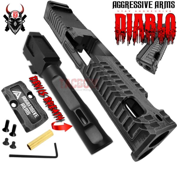 AGGRESSIVE ARMS DIABLO BATTLEWORN GREY PORTED RMR Slide BARREL for GLOCK 19 GEN 5 COMPENSATED VAPOR PORTS