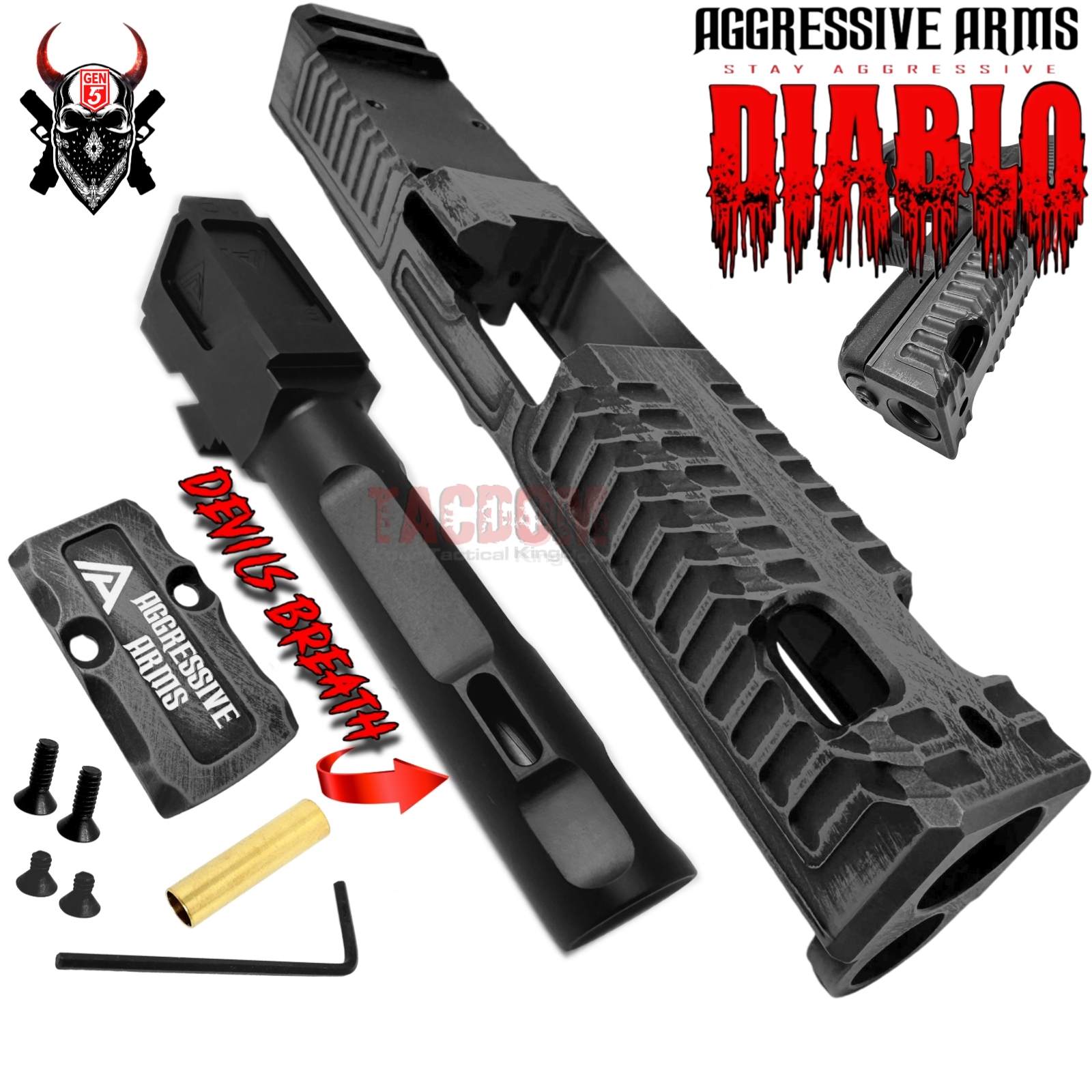 DIABLE5btgweb AGGRESSIVE ARMS DIABLO BATTLEWORN GREY PORTED RMR Slide BARREL for GLOCK 19 GEN 5 COMPENSATED VAPOR PORTS - Image 1