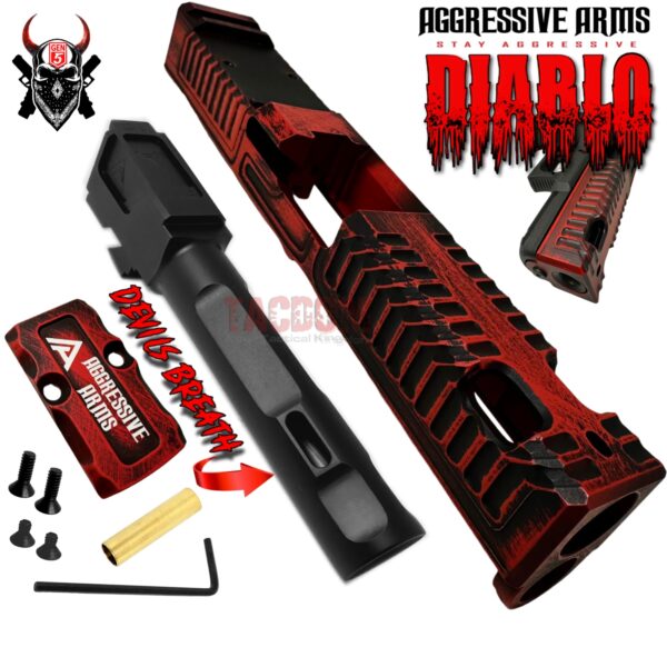 AGGRESSIVE ARMS DIABLO BATTLEWORN RED PORTED RMR Slide BARREL for GLOCK 19 GEN 5 COMPENSATED VAPOR PORTS