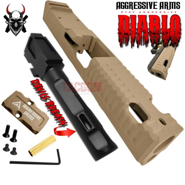 AGGRESSIVE ARMS DIABLO FDE TAN PORTED RMR Slide BARREL for GLOCK 19 GEN 3 COMPENSATED VAPOR PORTS