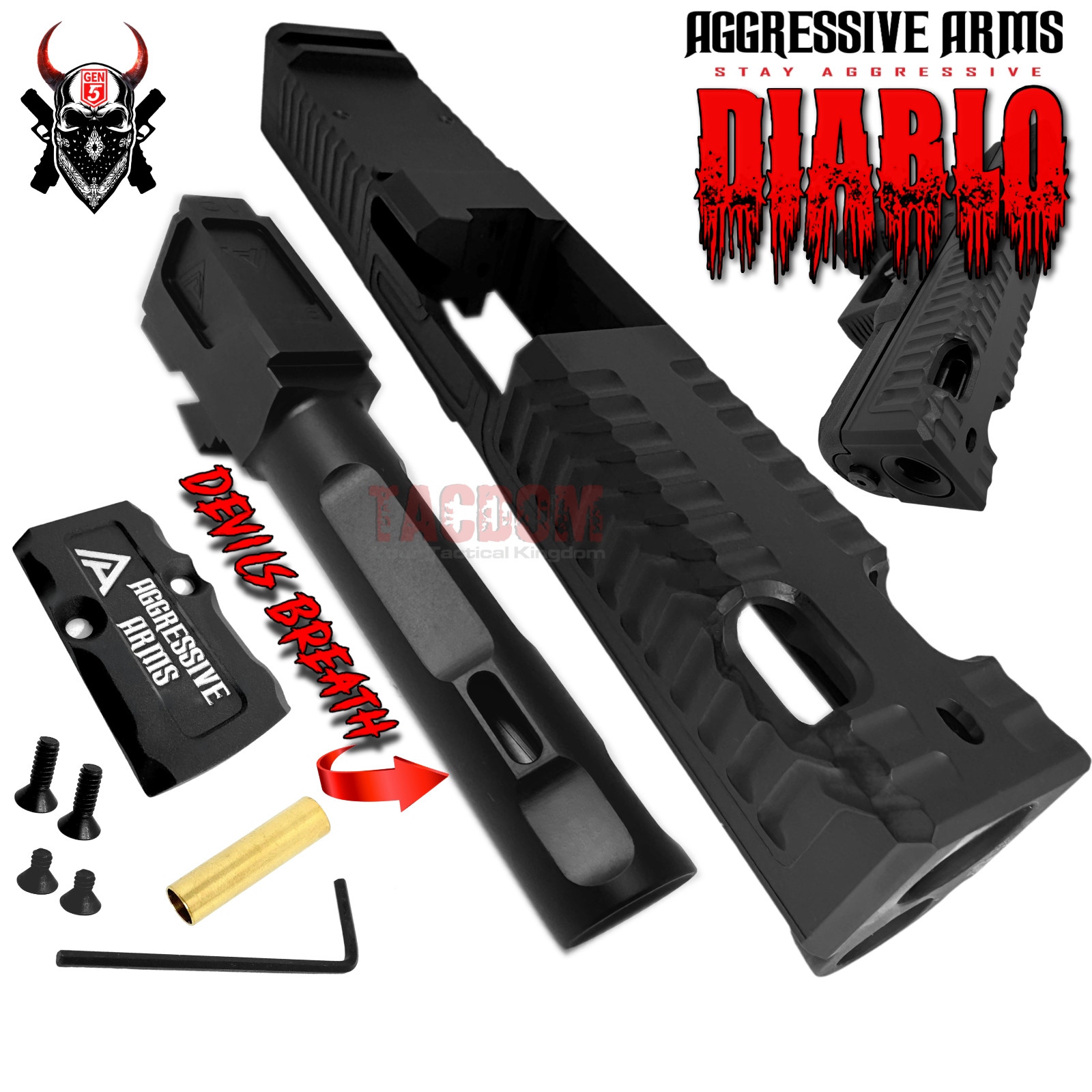 DIABLEgen5blackweb AGGRESSIVE ARMS DIABLO BLACK PORTED RMR Slide BARREL for GLOCK 19 GEN 5 COMPENSATED VAPOR PORTS - Image 1
