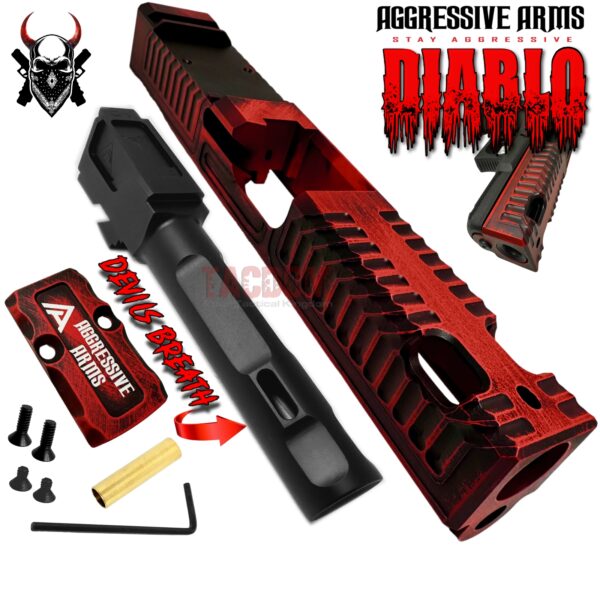AGGRESSIVE ARMS DIABLO BATTLEWORN RED PORTED RMR Slide BARREL for GLOCK 19 GEN 3 COMPENSATED VAPOR PORTS