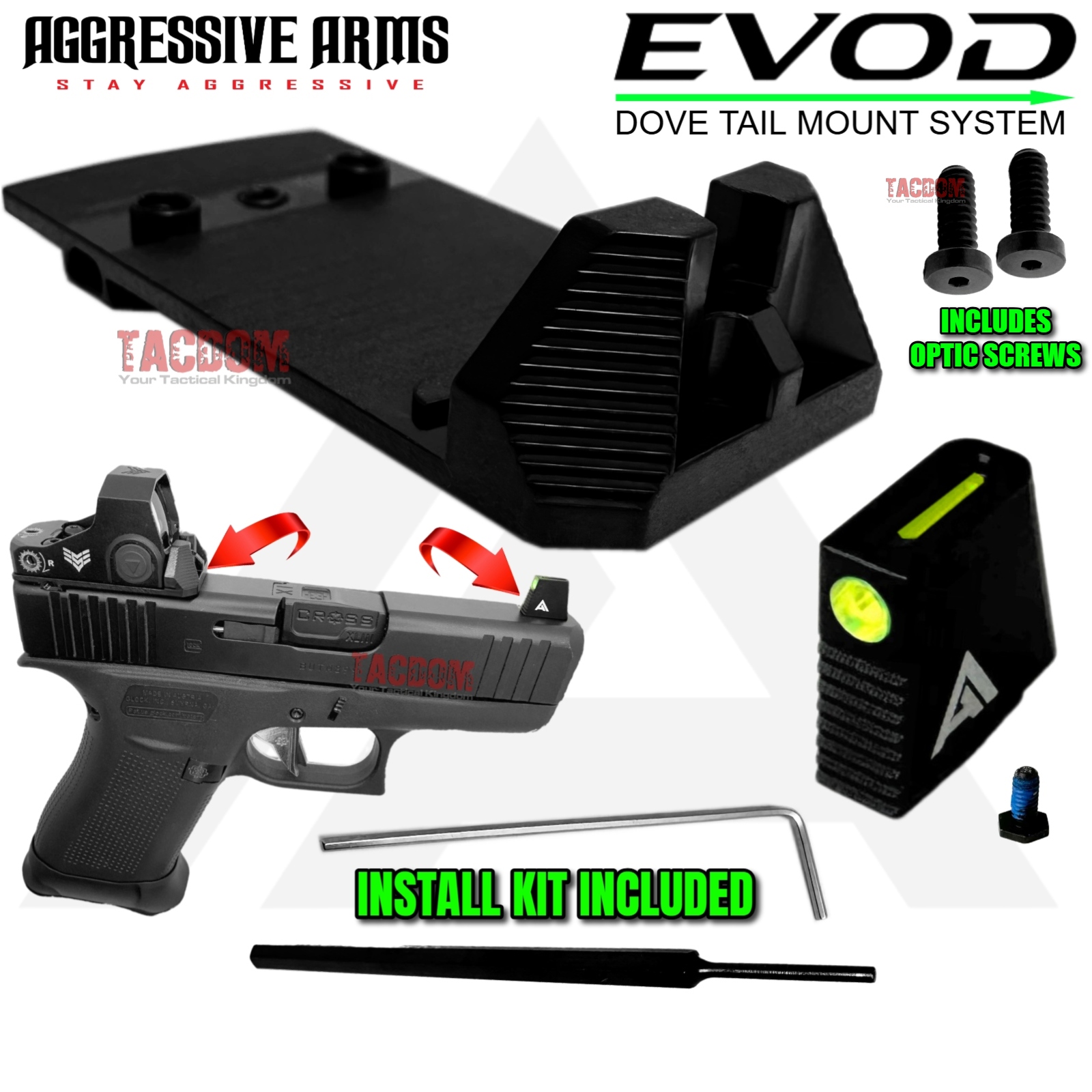 EVOD WITH SCREWS2 AGGRESSIVE ARMS EVOD DOVE MOUNT SYSTEM for Glock RMSc Slide Sight Adapter with Front FIBER OPTIC SIGHT + INSTALLATION KIT INCLUDED & SLIM FLAT OPTIC SCREWS - Image 1