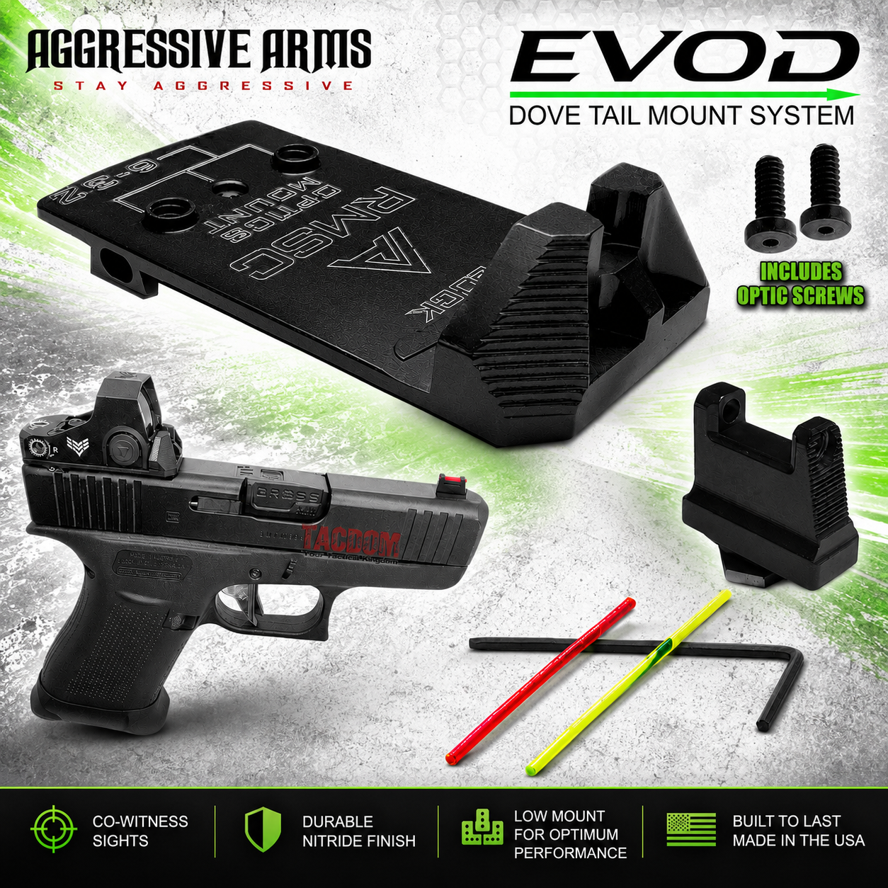 bb89e0f4-79ad-43e6-89da-ce14ca62b11d AGGRESSIVE ARMS EVOD DOVE MOUNT SYSTEM for Glock RMSc Slide Sight Adapter with Front FIBER OPTIC READY SIGHT + SLIM FLAT OPTIC SCREWS - Image 1