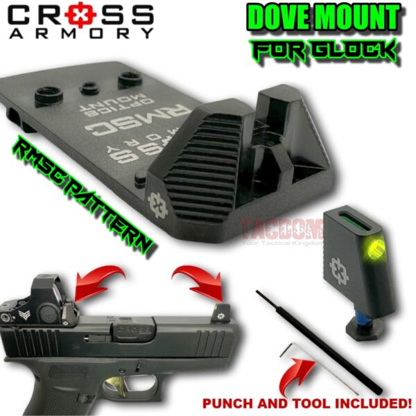 CROSS ARMORY DOVE TAIL MOUNT SYSTEM for Glock RMSc Slide Sight Adapter with Front FIBER OPTIC SIGHT + INSTALLATION KIT INCLUDED