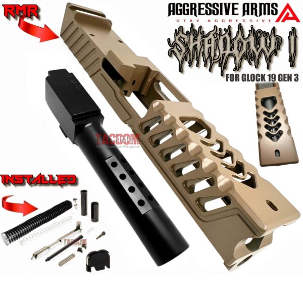 AGGRESSIVE ARMS FDE TAN SHADOW 1 PORTED SLIDE AND OCTA-PORT BARREL COMPLETE WITH PARTS INSTALLED FOR GLOCK 19 GEN 3 (Copy)