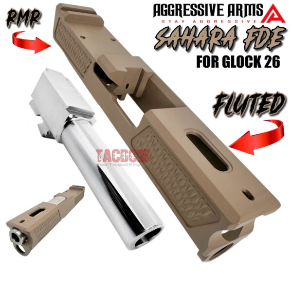 AGGRESSIVE ARMS SAHARA FDE TAN PORTED RMR SLIDE AND POLISHED STAINLESS STEEL BARREL FOR GLOCK 26 GEN 3