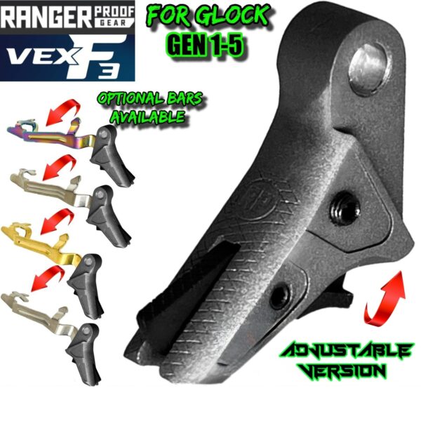 RANGER PROOF / JOHNNY GLOCK COLLABORATION VEX F3 TUNGSTEN GREY ADJUSTABLE TRIGGER for GLOCK GEN 1 2 3 4 5 - 17 19 19X 20 21 22 23 24 26 27 31 32 33 34 35 37 36 38 39 43 43x 45 48
