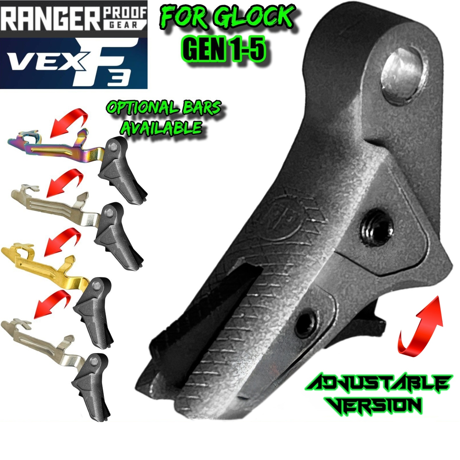 tungadj2 RANGER PROOF / JOHNNY GLOCK COLLABORATION VEX F3 TUNGSTEN GREY ADJUSTABLE TRIGGER for GLOCK GEN 1 2 3 4 5 - 17 19 19X 20 21 22 23 24 26 27 31 32 33 34 35 37 36 38 39 43 43x 45 48 - Image 1