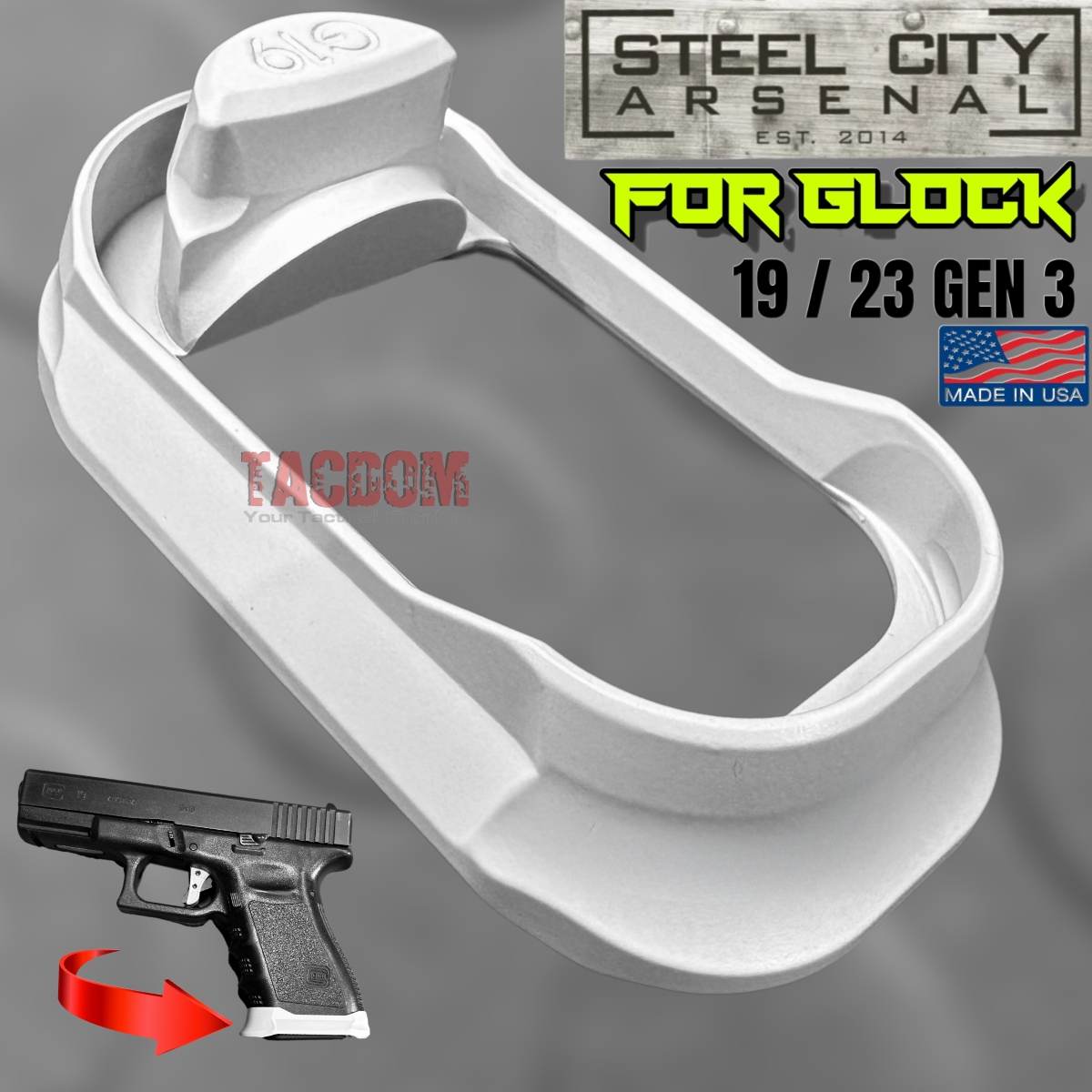 19white2 STEEL CITY ARSENAL GLOCK 19 / 23 ENHANCED STORM WHITE BILLET ALUMINUM MAGWELL – FITS COMPACT GEN 3 OEM FACTORY FRAMES - Image 1