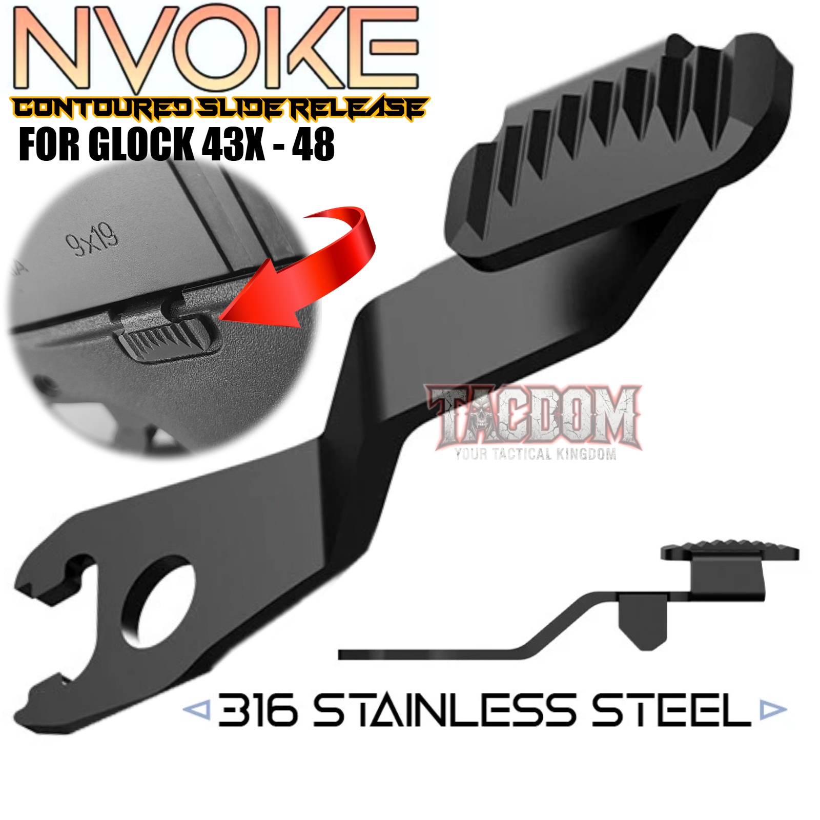 43SLIDERELEA2 NVOKE For GLOCK 43X 48 CONTOURED EXTENDED RELEASE - 316 STAINLESS BLACK NITRIDE - Image 1