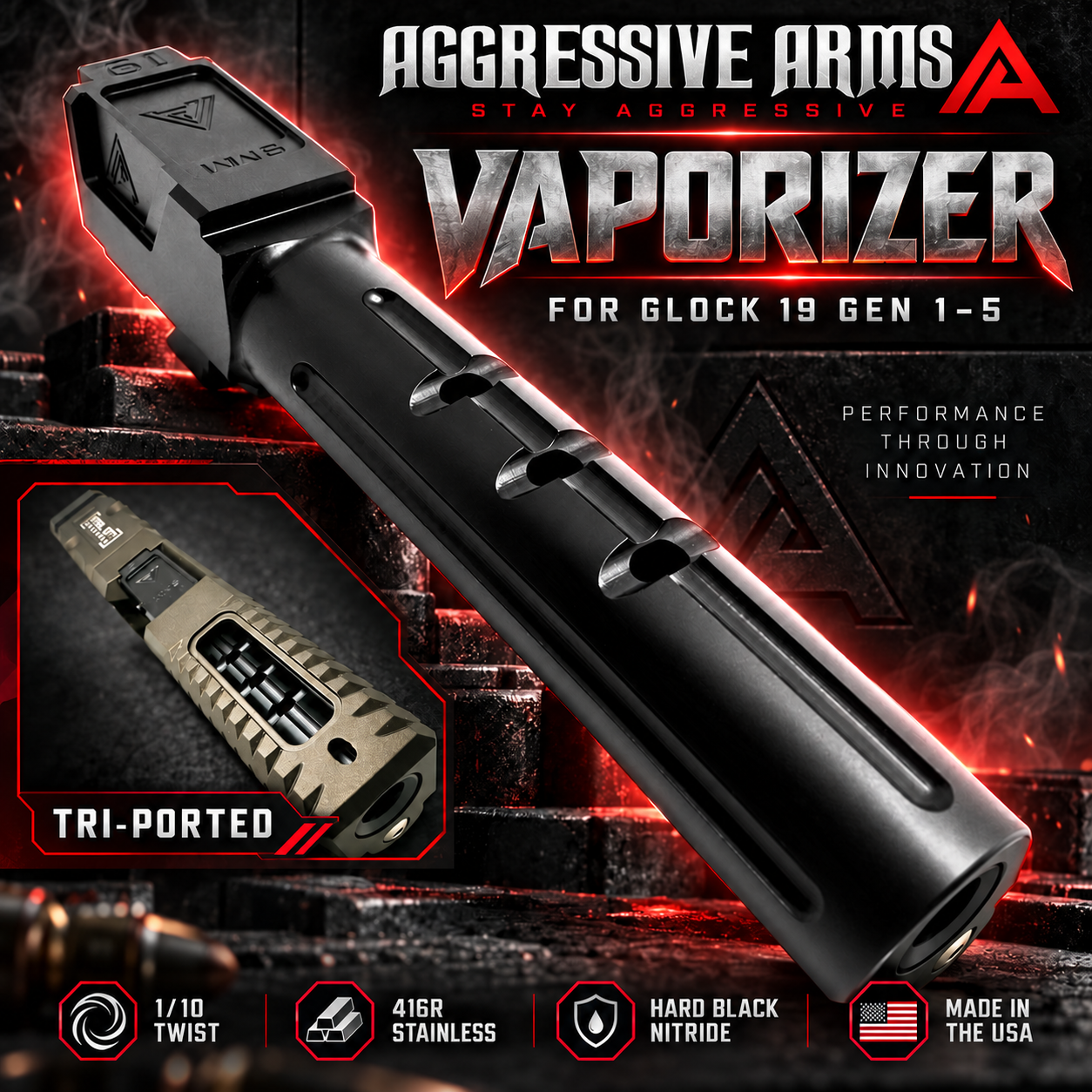 7d086b63-46e9-4ca9-92de-d05a7c841a38 AGGRESSIVE ARMS VAPORIZER TRIAD Ported Compensated Barrel for OEM GLOCK 19 GEN 1 2 3 4 5 - 416 STAINLESS BLACK NITRIDE - Image 1