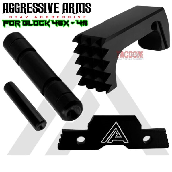 AGGRESSIVE ARMS STEALTH BLACK DIMPLE PINS - EXTENDED SLIDE LOCK - EXTENDED MAGAZINE CATCH for GLOCK 43X & 48