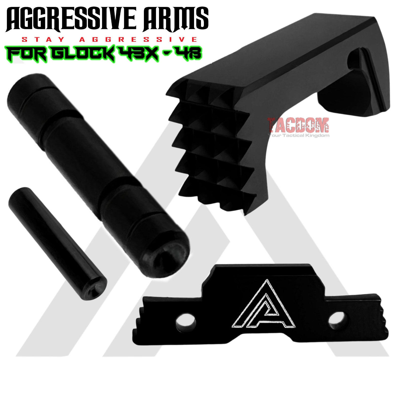 AA 43 BLACK ALL 3 MAINWEB AGGRESSIVE ARMS STEALTH BLACK DIMPLE PINS - EXTENDED SLIDE LOCK - EXTENDED MAGAZINE CATCH for GLOCK 43X & 48 - Image 1