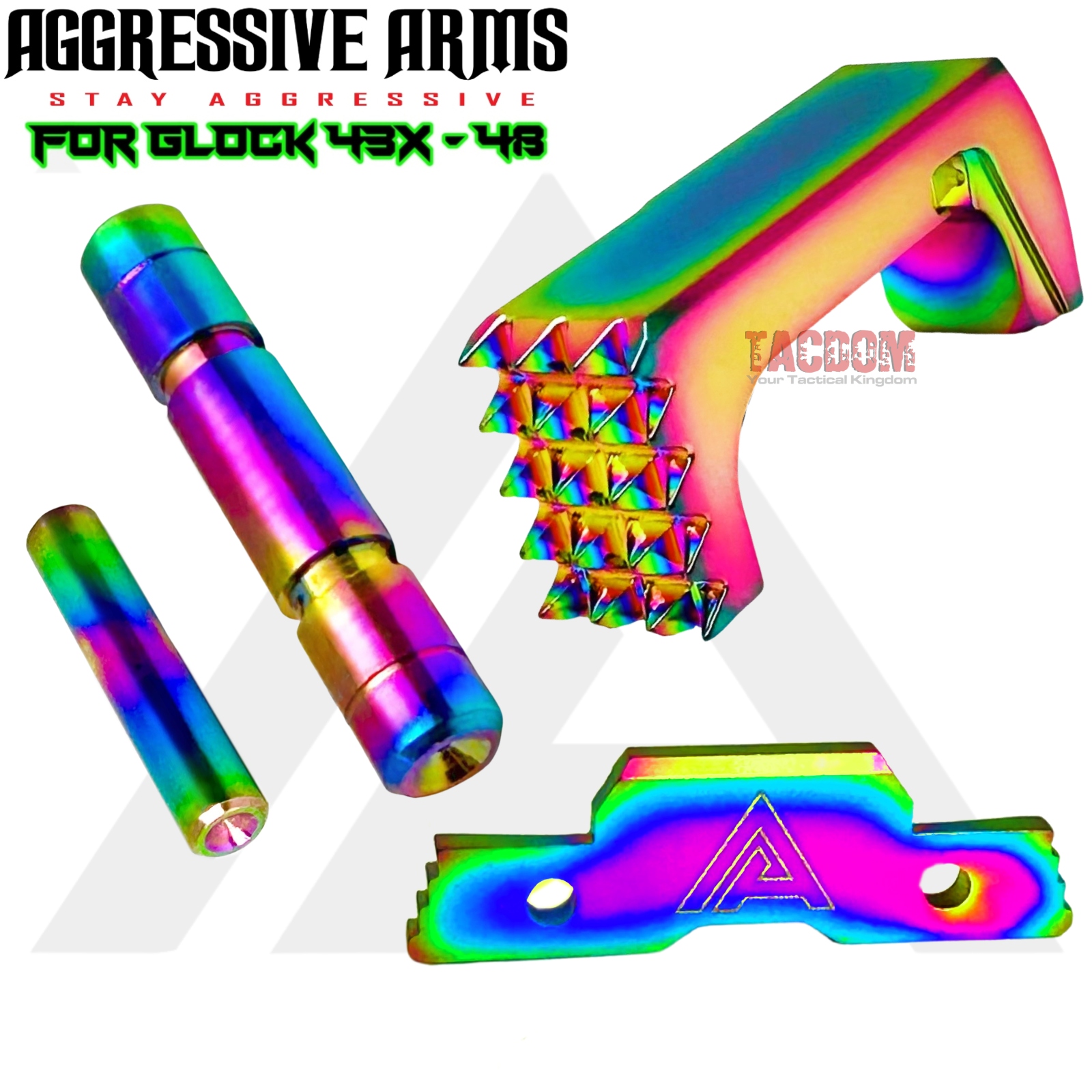 AA RAINBOW 43 ALL PARTSWEB AGGRESSIVE ARMS JEWELRY RAINBOW DIMPLE PINS - EXTENDED SLIDE LOCK - EXTENDED MAGAZINE CATCH for GLOCK 43X & 48 - Image 1