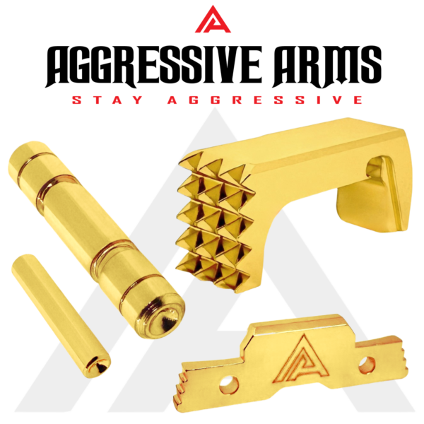 AGGRESSIVE ARMS JEWELRY GOLD DIMPLE PINS - EXTENDED SLIDE LOCK - EXTENDED MAGAZINE CATCH for GLOCK 43X & 48