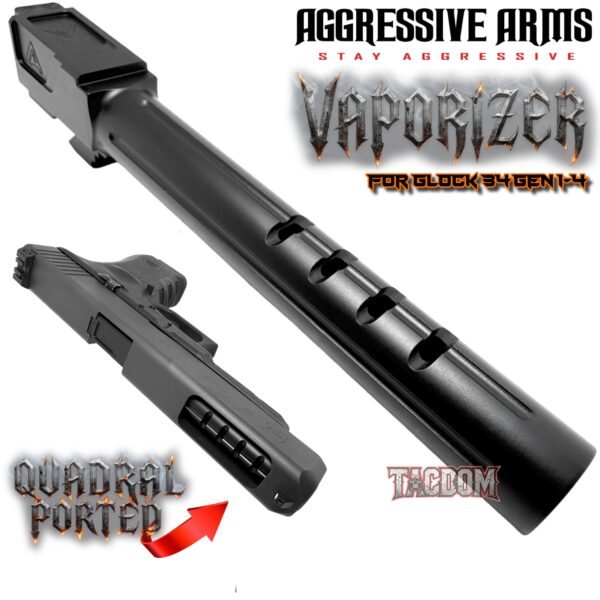 AGGRESSIVE ARMS VAPORIZER Ported Compensated Barrel for OEM GLOCK 34 GEN 1 2 3 4 - 416 STAINLESS BLACK NITRIDE