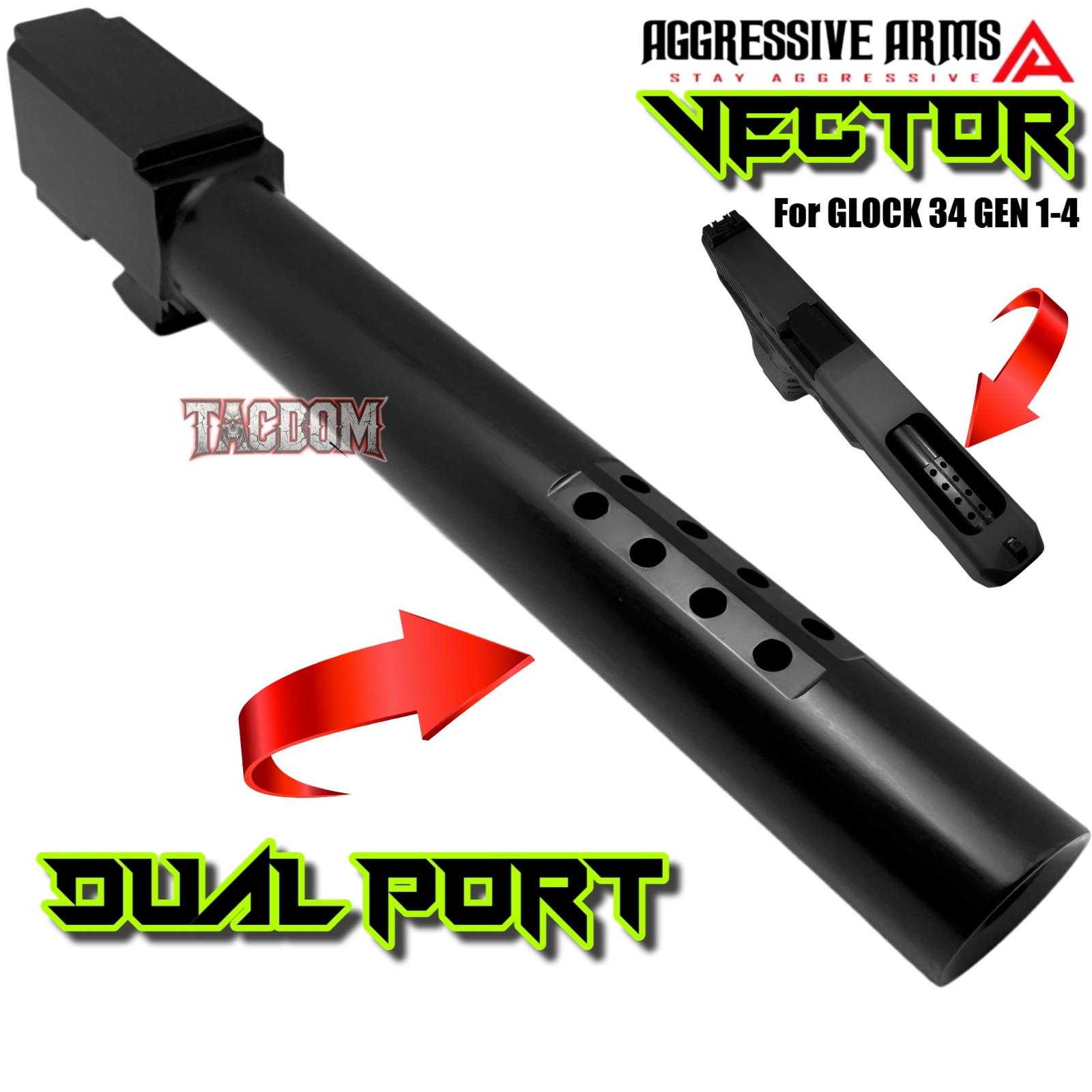 VECTOR34B2 AGGRESSIVE ARMS VECTOR TOP Ported Compensated BLACK NITRIDE Barrel for GLOCK 34 GEN 1 2 3 4 - 416 STAINLESS STEEL - Image 1