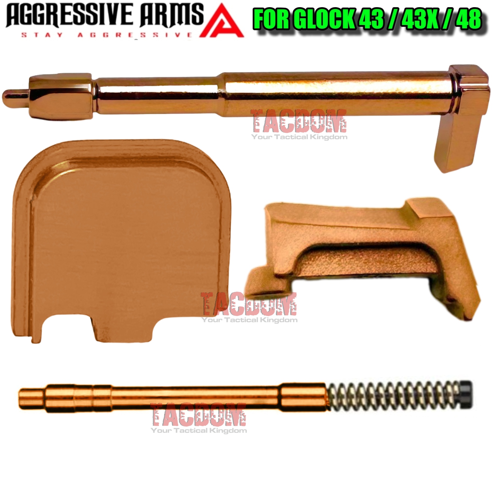 copper43kit2 AGGRESSIVE ARMS COPPER PVD STRIKER - COMPLETE DEPRESSOR ROD - EXTRACTOR - SLIDE PLATE for GLOCK 43 43X 48 - Image 1