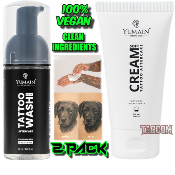 YUMAIN "TACTICAL" TATTOO 2 PACK COMBO AFTERCARE WASH FOAM 5.5 PH & CREAM - GENTLE SOOTHING 100% VEGAN INGREDIENTS