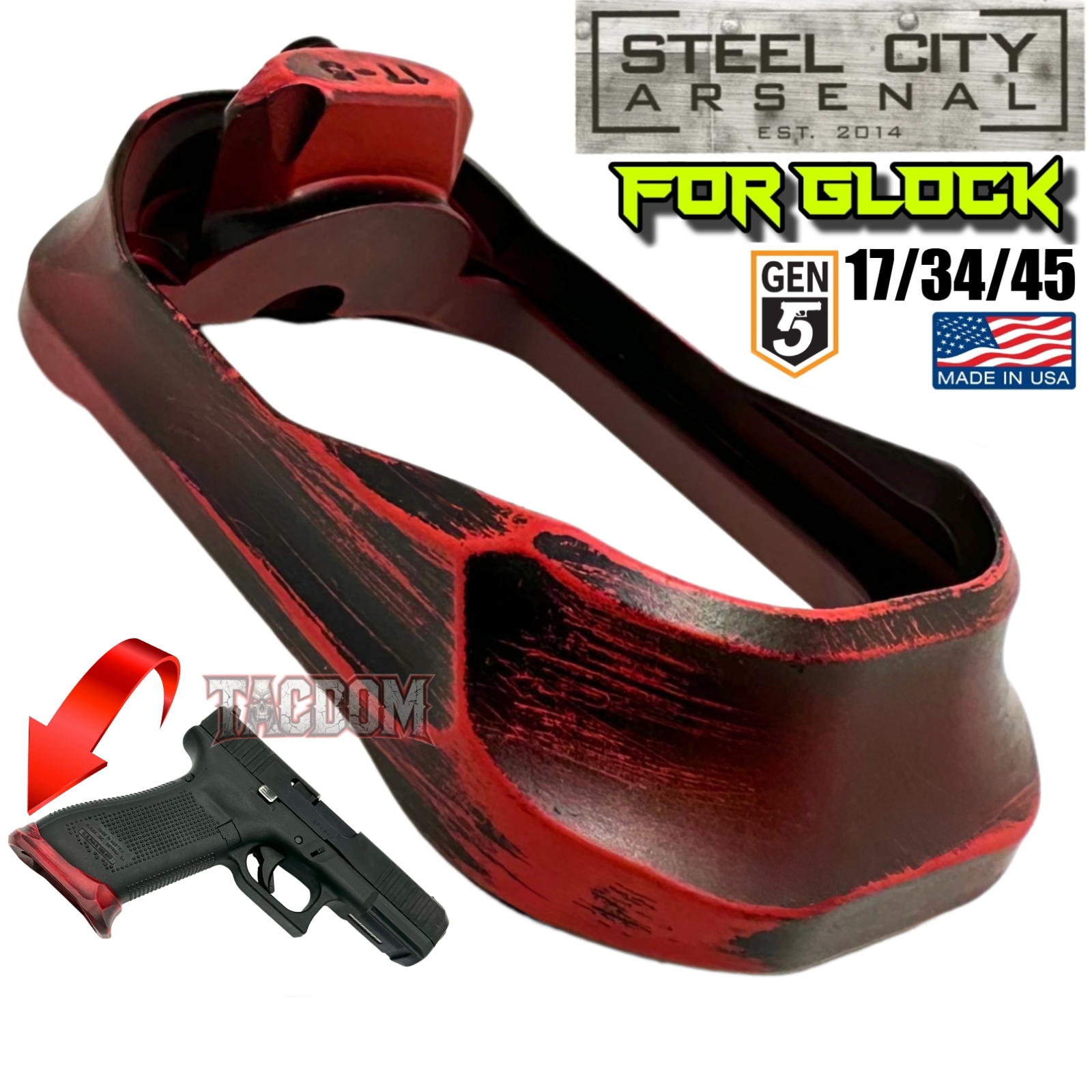 175RED2 STEEL CITY ARSENAL GLOCK 17 / 34 / 45 ENHANCED V2 BATTLEWORN RED BILLET ALUMINUM MAGWELL – FITS GEN 5 OEM FACTORY FRAMES - Image 1