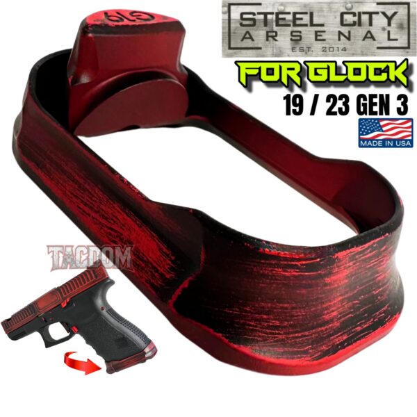 STEEL CITY ARSENAL GLOCK 19 / 23 ENHANCED BATTLEWORN RED BILLET ALUMINUM MAGWELL – FITS COMPACT GEN 3 OEM FACTORY FRAMES