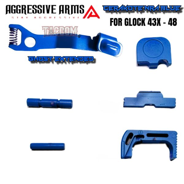 AGGRESSIVE ARMS NRA BLUE CERAKOTED PARTS FOR GLOCK 43X / 48 - GHOST EXTENDED SLIDE RELEASE / CATCH - SLIDE LOCK - PINS - REAR COVER PLATE - MAGAZINE CATCH
