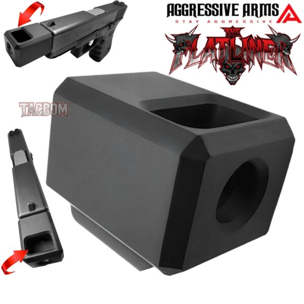 AGGRESSIVE ARMS THE FLATLINE MASS Recoil REDUCTION COMPENSATOR for GEN 3 GLOCK 17 19 34  BLACK - 1/2x28 TPI Thread