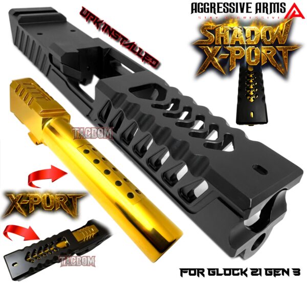 AGGRESSIVE ARMS GOLD VERSION SHADOW X-PORT PORTED SLIDE AND 10 PORT BARREL COMPLETE WITH PARTS INSTALLED FOR GLOCK 21 GEN 3 - .45ACP