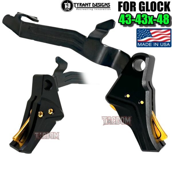 TYRANT DESIGNS I.T.T.S BLACK TRIGGER GOLD Safety with BLACK STEALTH BAR for Glock 43 - 43x - 48 MODELS