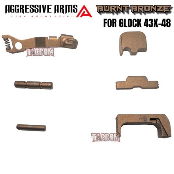 AGGRESSIVE ARMS BURNT BRONZE CERAKOTED PARTS FOR GLOCK 43X / 48 - GHOST EXTENDED SLIDE RELEASE / CATCH - SLIDE LOCK - PINS - REAR COVER PLATE - MAGAZINE CATCH